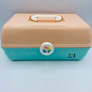 Vintage CABOODLES Retro Peach Blue Makeup Travel Organizer Case Mirror Latch